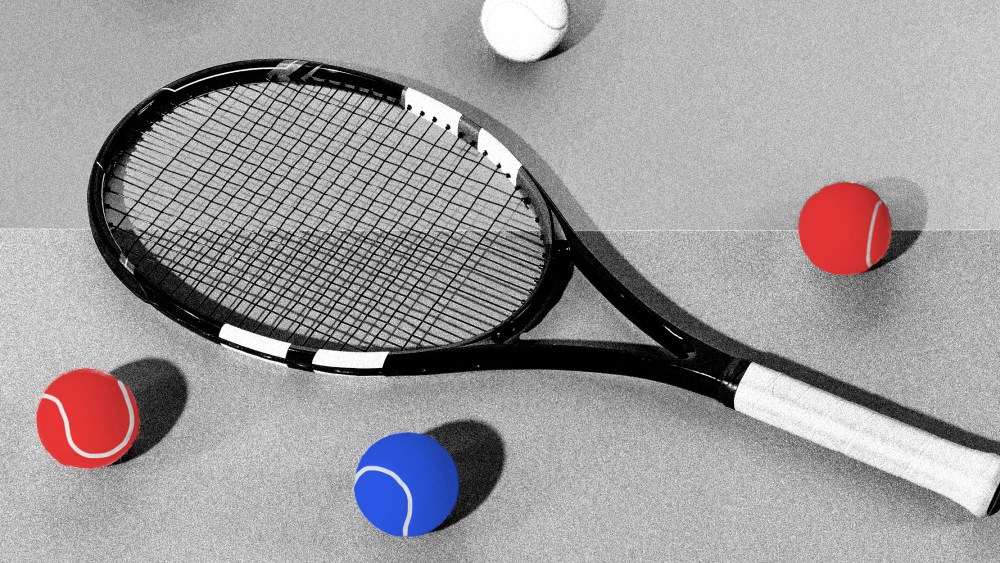 Photo illustration: A tennis racket lying on the floor with red, white and blue colored balls around it.