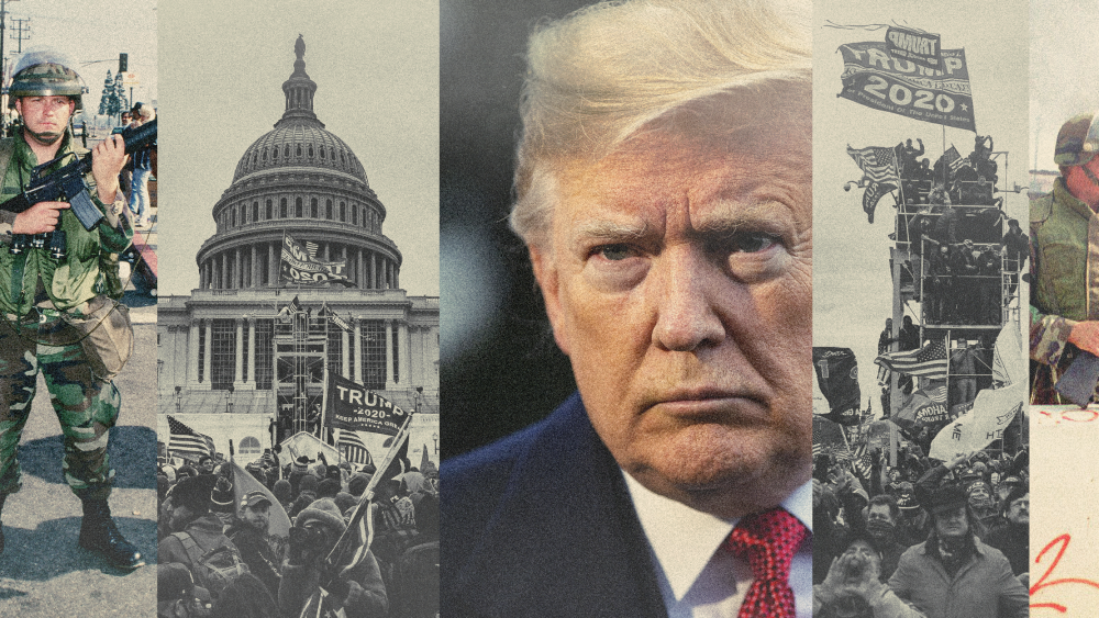 Photo illustration of former President Donald Trump, scenes from the Capitol riot on Jan. 6, 2021 and scenes of the National Guard during the Rodney King riots in 1992.