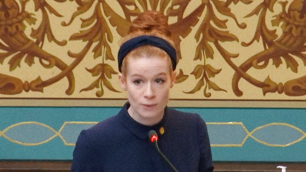Image: This image taken from video provided by the Michigan Senate shows Sen. Mallory McMorrow speaking.