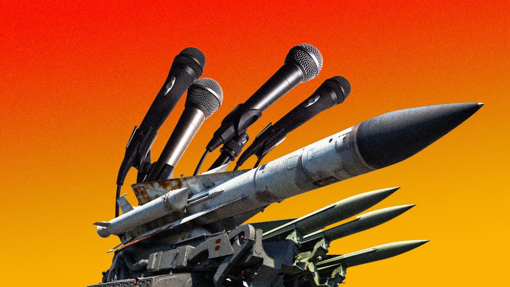Photo illustration: Microphones emerging out of a set of missiles.