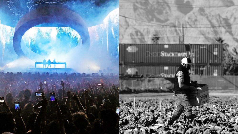 Diptych with an image of crowd cheering to a performance onstage at the Coachella Stage on the left and an image of a farmworker harvesting lettuce on a farm on the right.