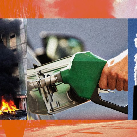 Photo illustration: Images of smoke rising from building damaged by an airstrike in Kyiv, Ukraine, a hand holding a gas pump, and smoke rising up from chimneys.