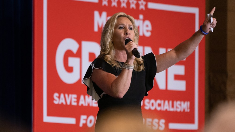 Image: Marjorie Taylor Greene speaks during an America First rally in Dalton, Georgia.
