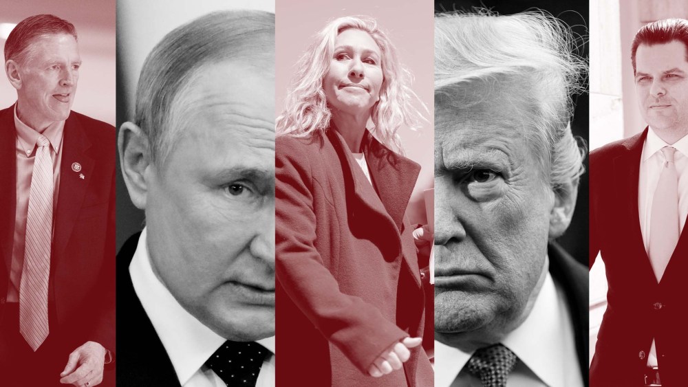 Photo Illustration: Rep. Paul Gosar, Vladimir Putin, Rep. Marjorie Taylor Greene, Donald Trump, Rep. Matt Gaetz