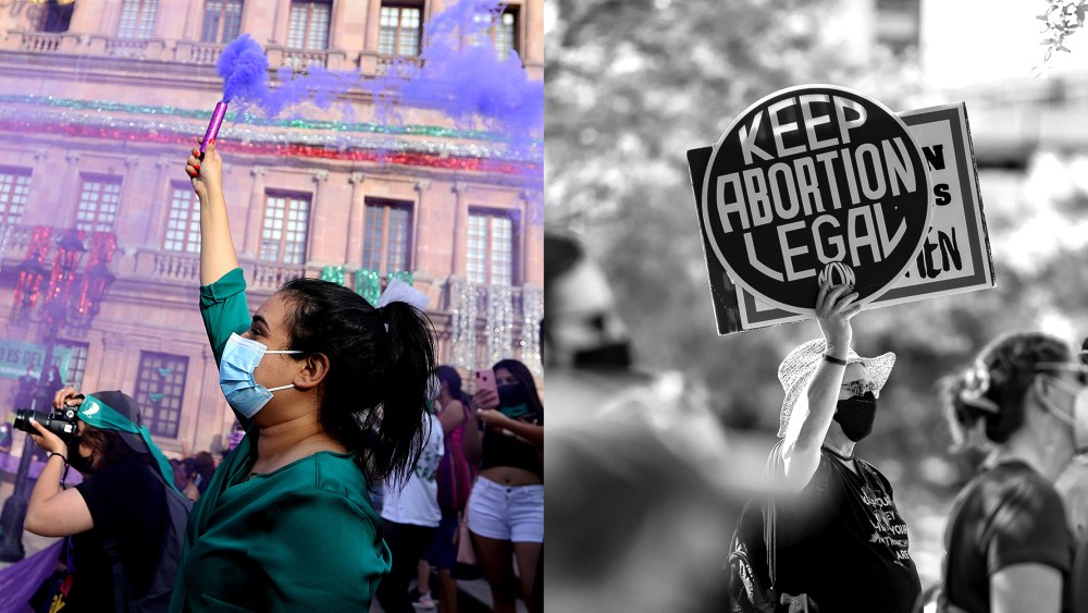 Photo diptych: An image of people celebrating on the left and the image on the right shows a person holding up a sign that reads,"Keep abortion legal" amidst a crowd of people.