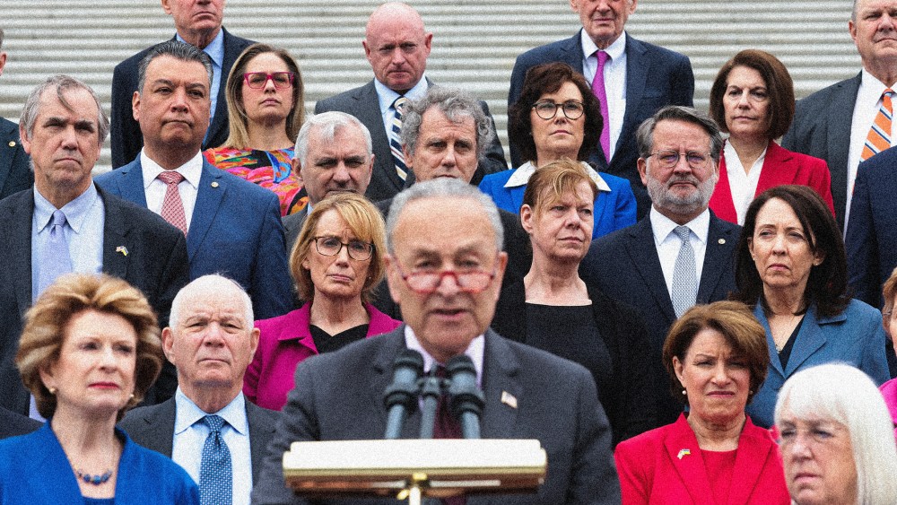 Image: Chuck Schumer, joined by the Senate democrats, addresses the media on the steps of the U.S. Capitol.
