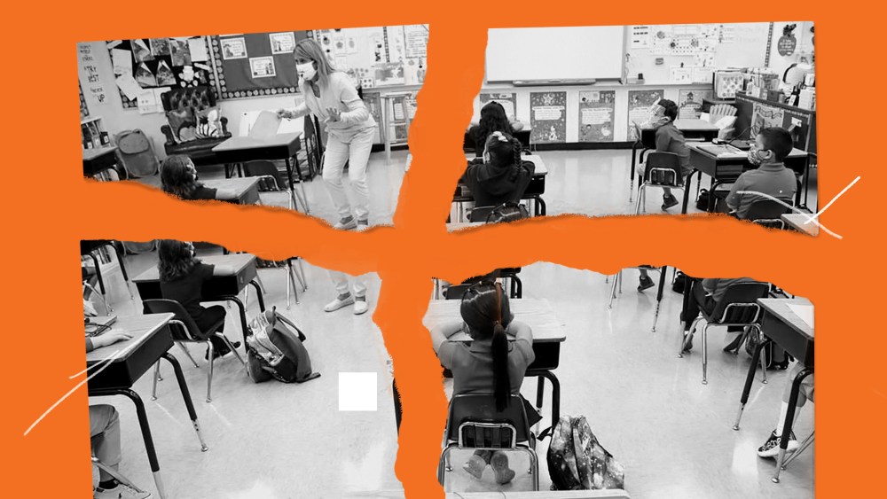 Photo illustration showing an torn mage of a classroom with a teacher talking to their students sitting on their desks.