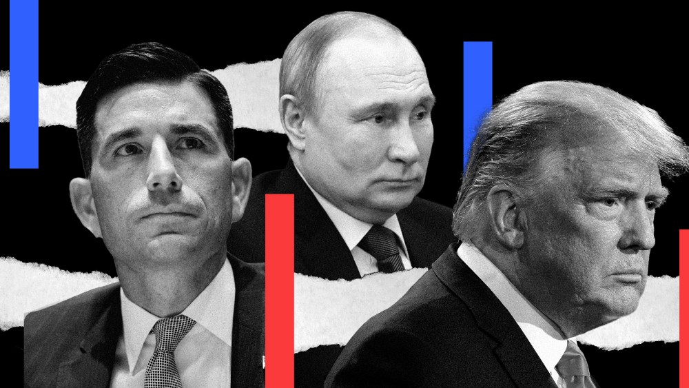 Photo illustration:  Images of Vladimir Putin between Chad Wolf and Donald Trump over torn pieces of paper.