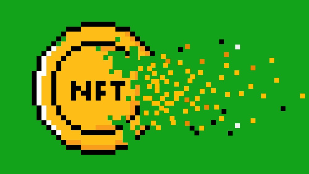 Illustration: A pixellated coin with the letters,"NFT" dispersing into smaller pixels.