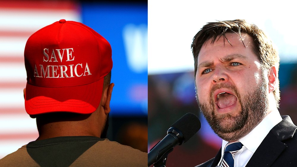Photo diptych with images of a person wearing a red cap that reads,"Save America" and of J.D. Vance speaking at a rally.