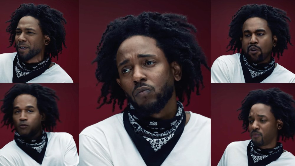 Photo collage with stills from Kendrick Lamar's video with him in the centre and him morphed as Jussie Smollett, O.J. Simpson, Ye, formerly Kanye West,  and Will Smith on either sides.
