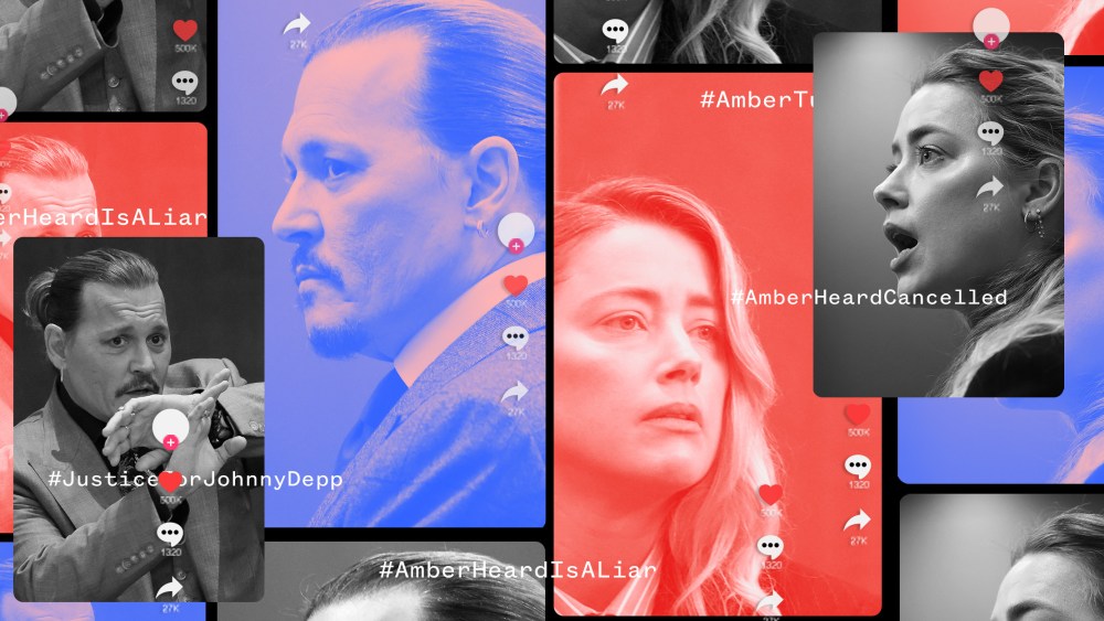 Photo illustration: Screens showing images of Johnny Depp and Amber Heard with buttons to like, share and comments. Text floating over the screens read,"AmberHeardIsALiar", "JusticeForJohnnyDepp" and"AmberHeardIsCancelled".
