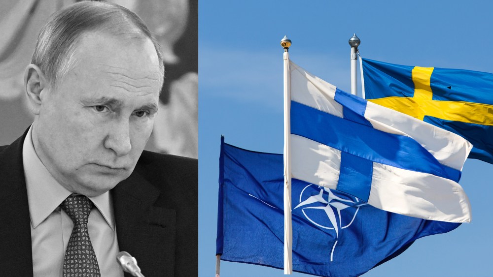 Photo illustration: Vladimir Putin next to the flags of NATO, Finland and Sweden.