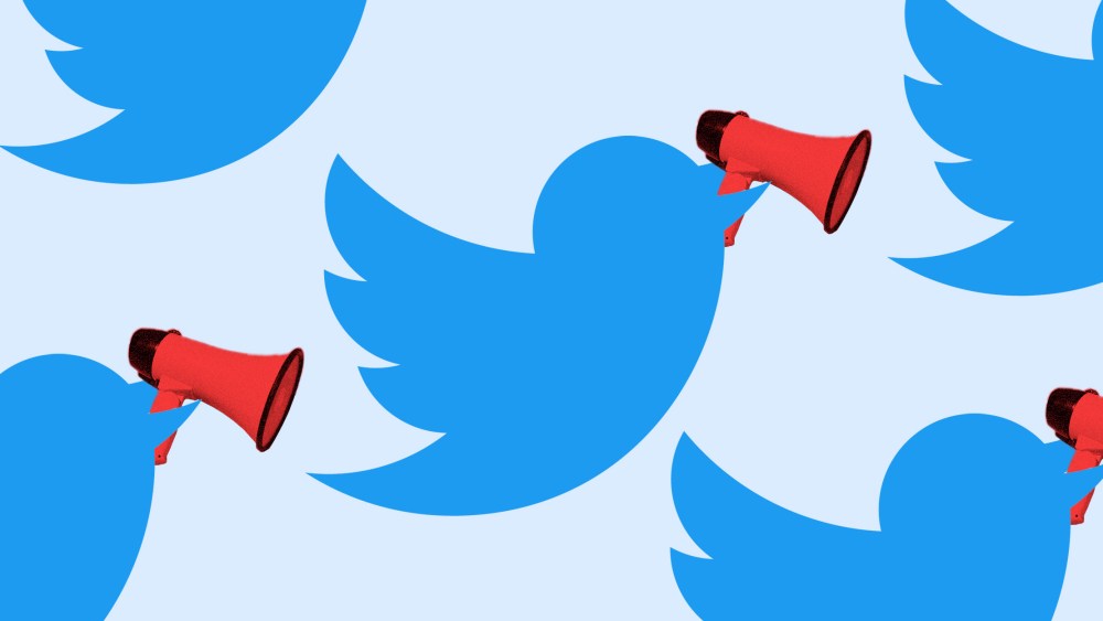 Photo illustration: Flying Twitter birds with tiny red megaphones in their beaks.