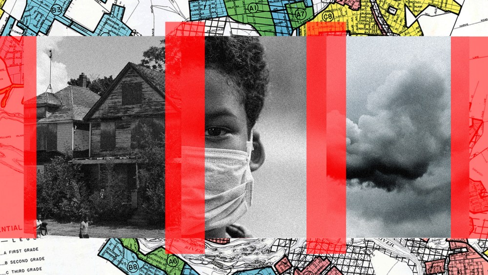 Photo illustration: Images of houses on a street, close up of a Black child wearing a mask and grey smoke against a background showing parts of a redlined housing map.