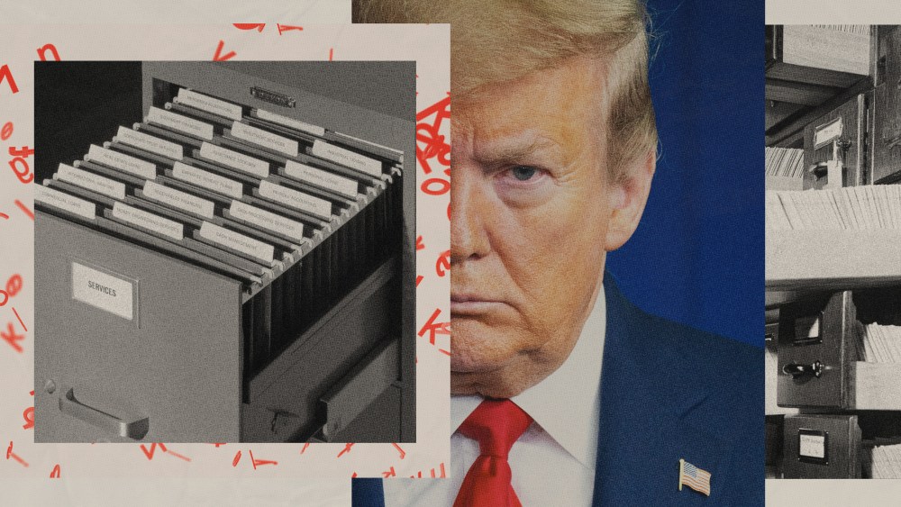 Photo collage showing an image of Donald Trump between images of file cabinets.