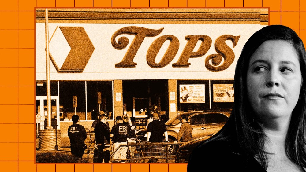 Photo Illustration: Elise Stefanik and an image of the Buffalo supermarket where a recent mass shooting took place