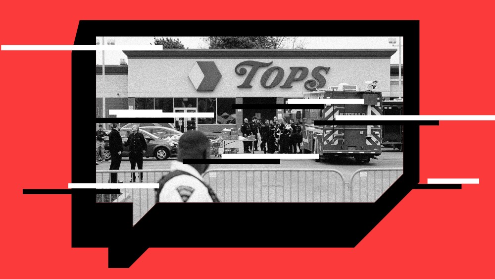 Photo illustration: Black and white glitches over an image inside an extruded speech bubble. The image is of the scene of a shooting at a supermarket in Buffalo, New York