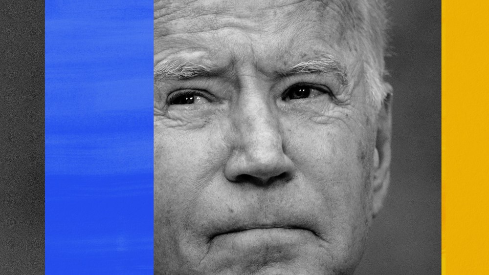 Photo illustration: Photo of Joe Biden between two blue and yellow colored strips.
