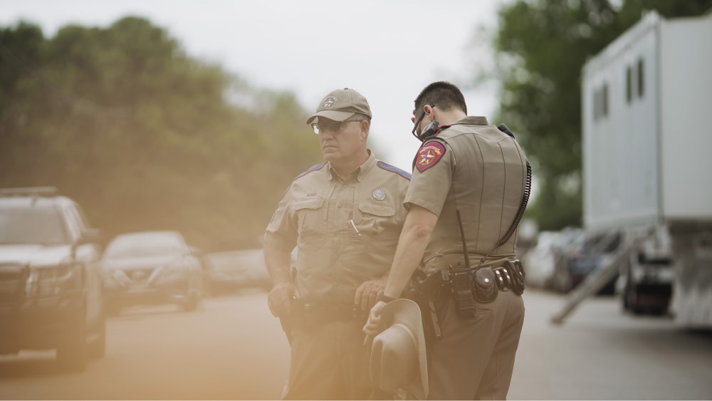 Image: Texas state troopers outside Robb Elementary School in Uvalde, Texas.