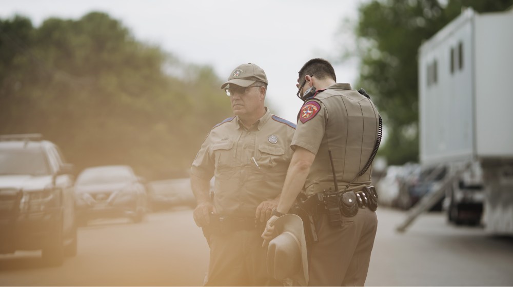 Image: Texas state troopers outside Robb Elementary School in Uvalde, Texas.