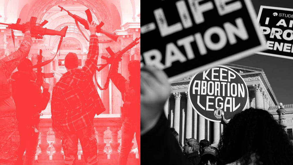 Photo illustration: An image with a red overlay shows gun advocates holding up rifles inside a building and the other one in black and white shows protests outside the Supreme Court. One of the visible signs read,"Keep abortion legal".