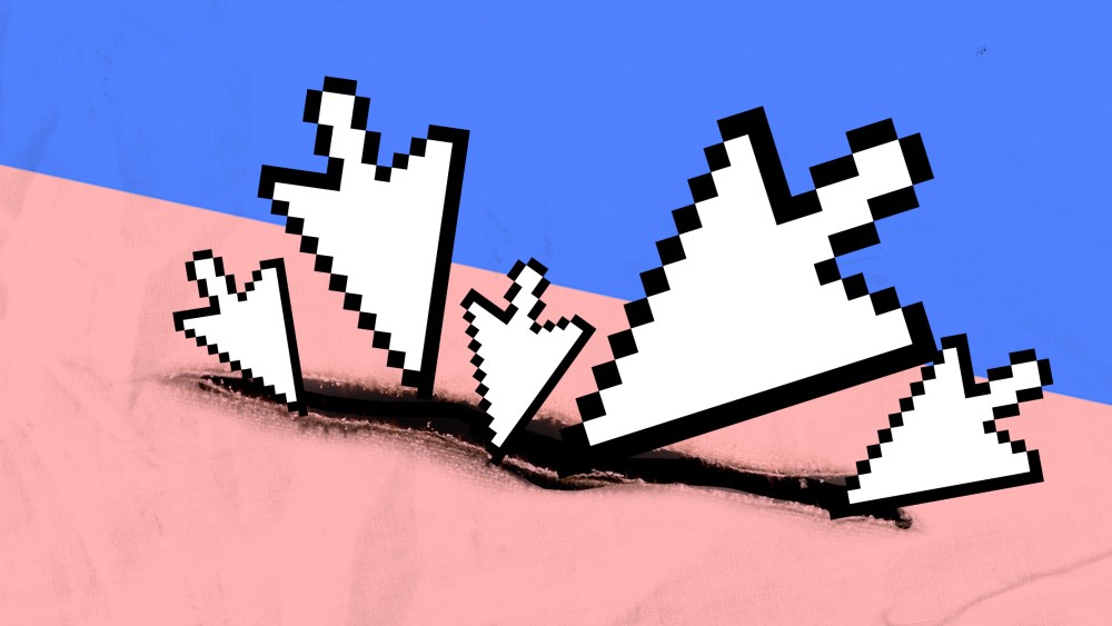 Photo illustration: Mouse cursors of different sizes ripping a pink and blue colored cloth.