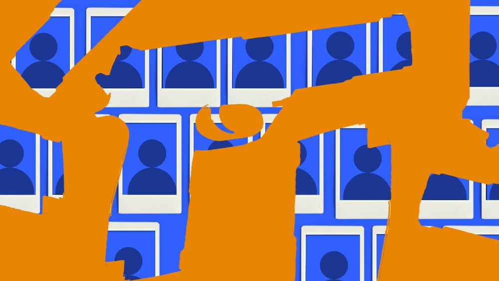 Illustration: Rows of frames with silhouettes of people inside multiple gun shaped forms.