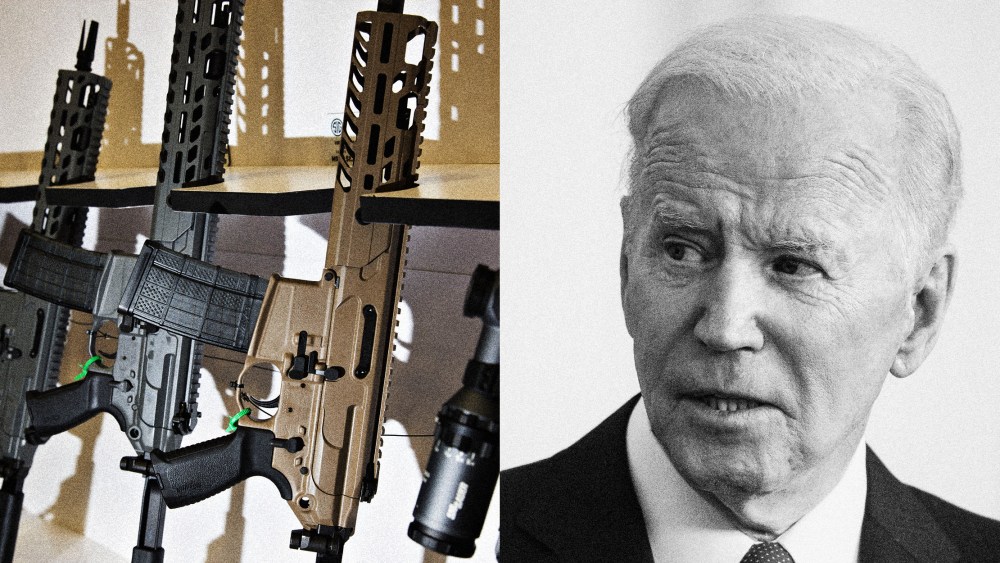 Photo illustration of rifles on display at a NRA convention and President Joe Biden.