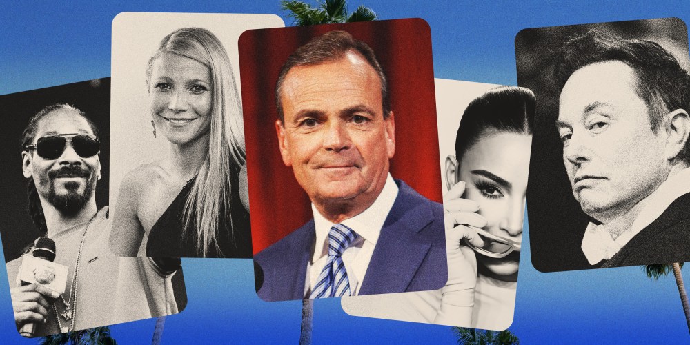 Photo illustration of Rick Caruso, Snoop Dogg, Gwyneth Paltrow, Kim Kardashian and Elon Musk