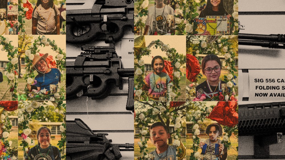 Photo illustration of the victims of the school shooting in Uvalde, Texas, and a display of semi-automatic weapons at a United States gun store.