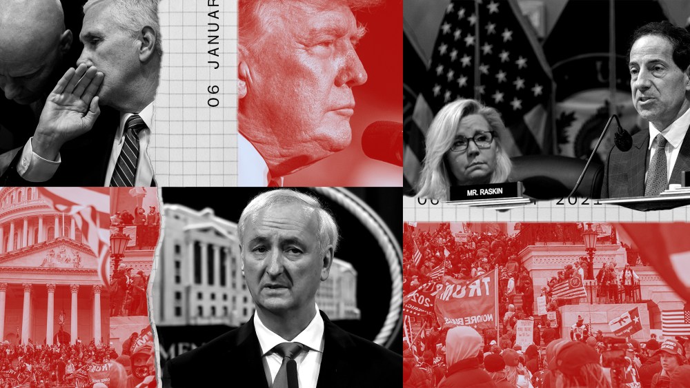 Photo collage: Images of Mike Pence whispering in Mark Short's ears, Donald Trump, Liz Cheney and Jamie Raskin, the protestors outside the Capitol on January 6, 2021 and Jeffrey A. Rosen speaking.