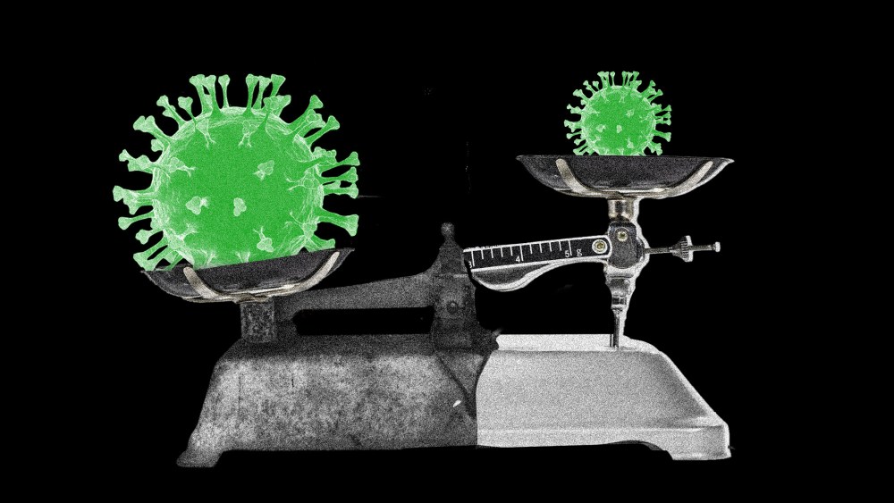 Photo illustration: A rusted half of a weighing scale is weighed down by a big Covid-19 spore while the shinier half holds a small Covid-19 spore.