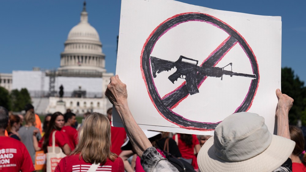 Image: A person holding up a sign that shows a stop sign over a rifle.