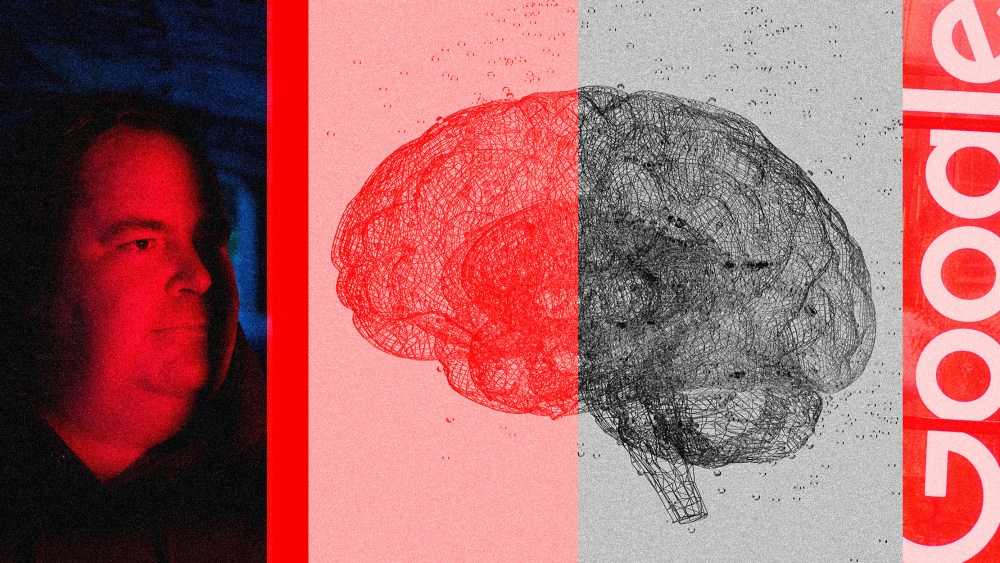 Photo illustration showing Blake Lemoine, a wireframe brain and the Google logo.