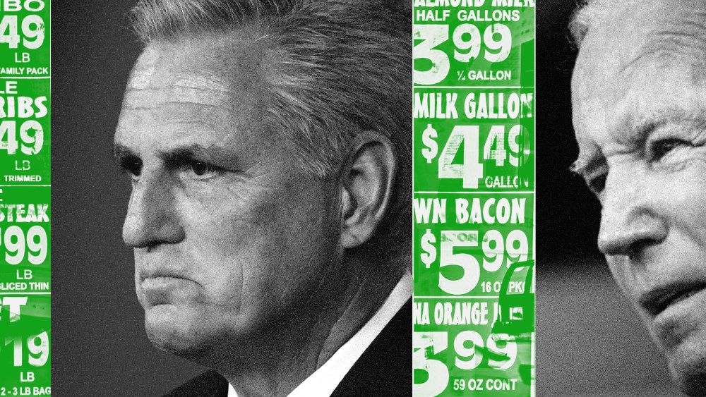 Photo illustration: Images of Kevin McCarthy and Joe Biden interspersed with image of price lists from a grocery store.