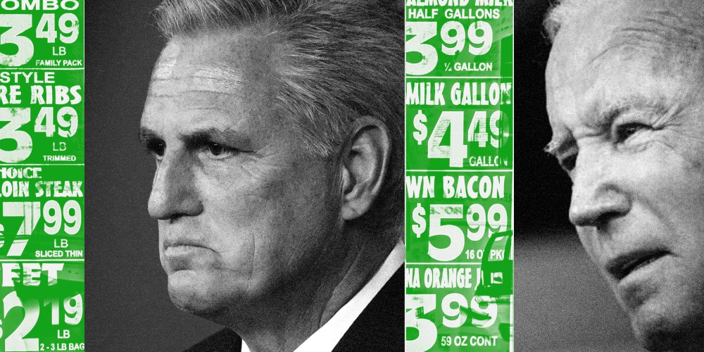 Photo illustration: Images of Kevin McCarthy and Joe Biden interspersed with image of price lists from a grocery store.