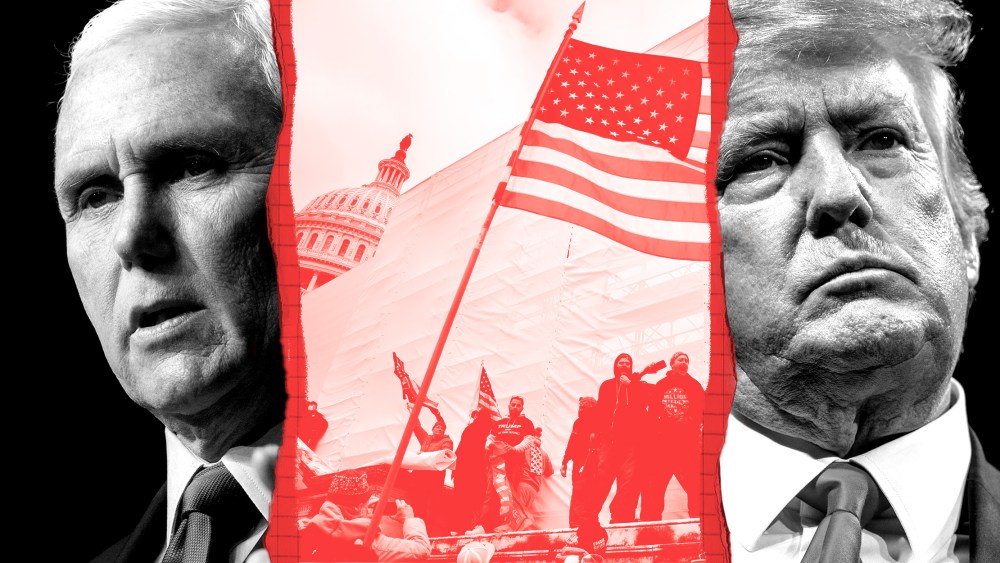 Photo illustration: Images of Mike Pence, rioters outside the Capitol on January 6 waving a flag and of Donald Trump.
