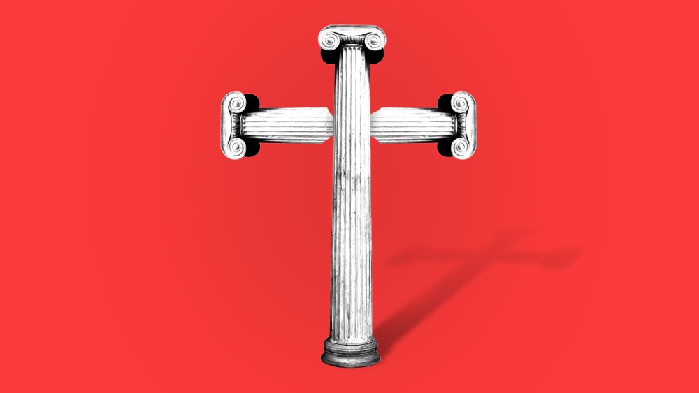 Photo illustration: A cross made of Greek architectural columns stands on a red background.