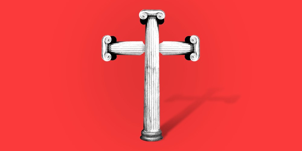 Photo illustration: A cross made of Greek architectural columns stands on a red background.