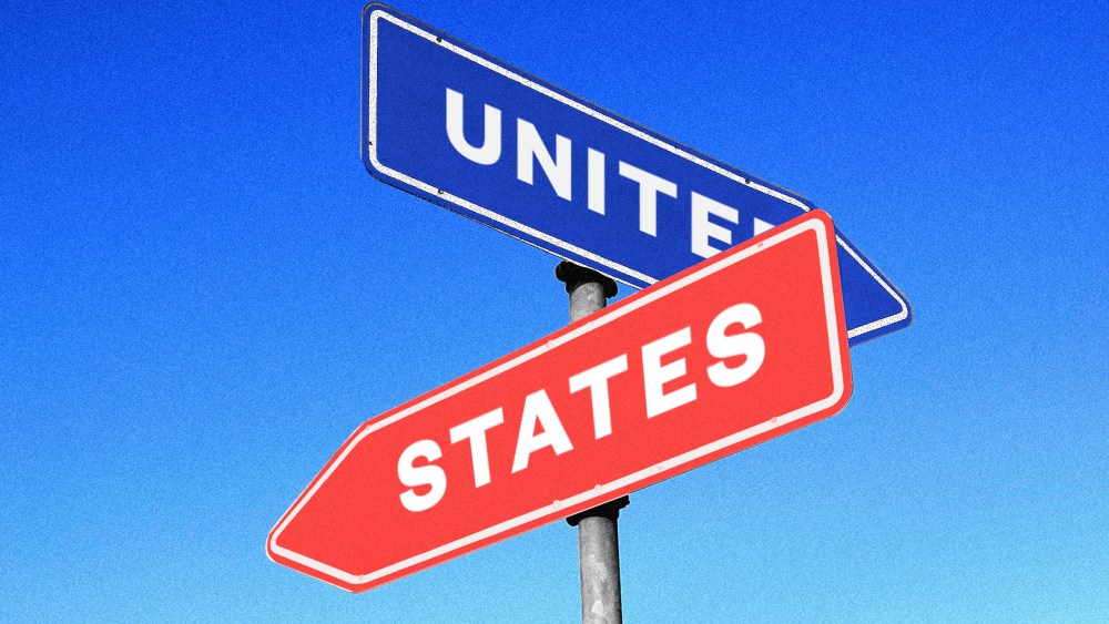 Photo illustration: Two signs, one blue with the text,"United" and one red with the text,"States", pointing in different directions.