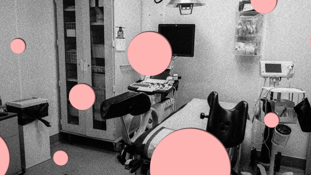 Photo illustration: Pink colored empty dots on a black and white image of an empty exam room.