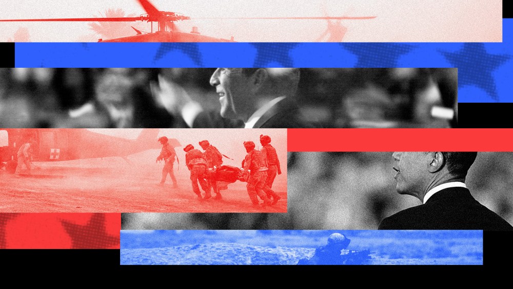Photo illustration: Strips of red, blue and black white interspersed with each other with images of George W. Bush waving to the crowd, Obama speaking and of a soldier being rushed to a medivan.