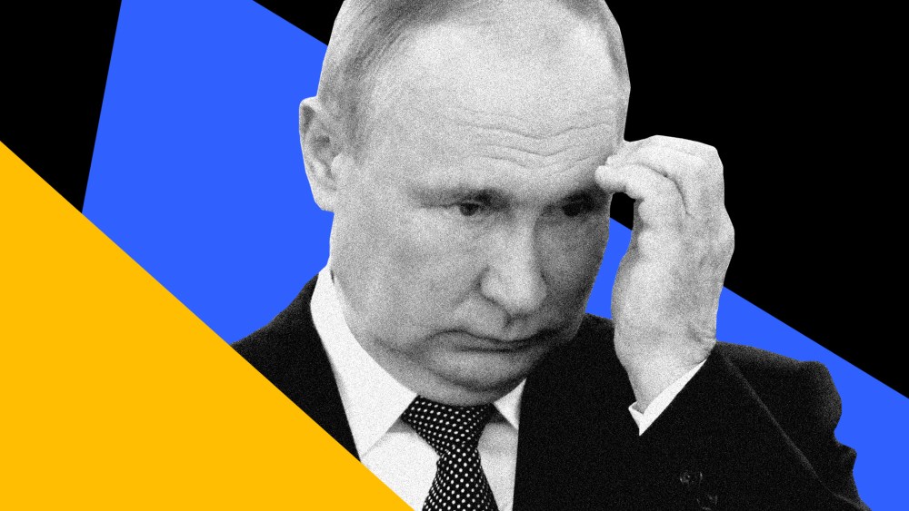 Photo illustration: Vladimir Putin between blue and yellow colored shapes.