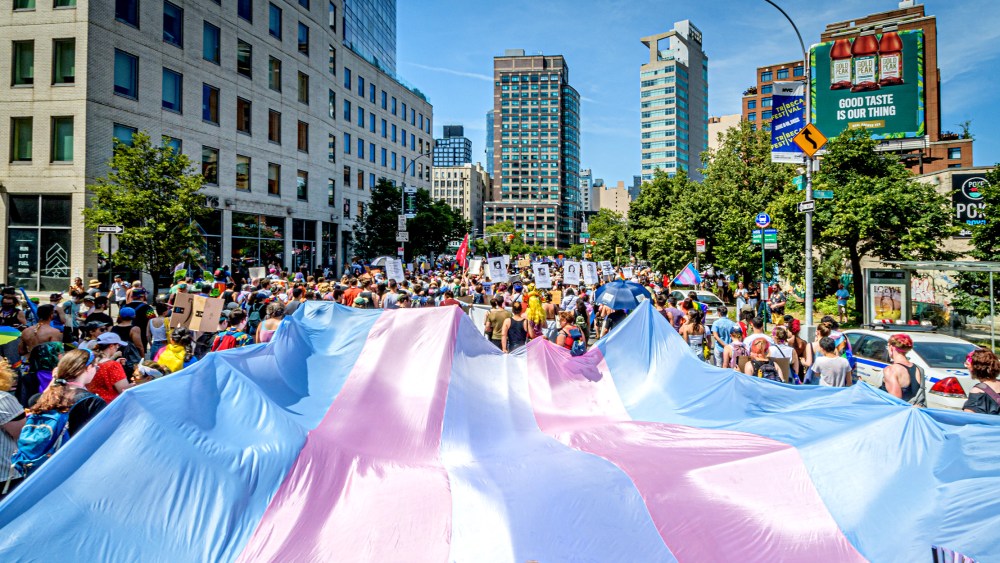 Image: A giant Trans flag at a Queer Liberation march.