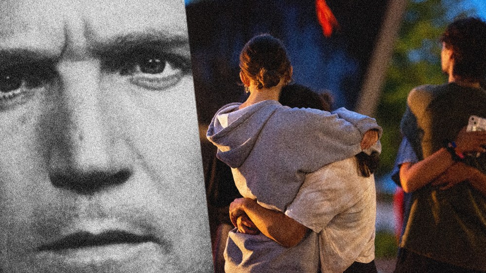 Photo composite: A close-up shot of Tucker Carlson alongside an image of people grieving at a candlelight vigil.