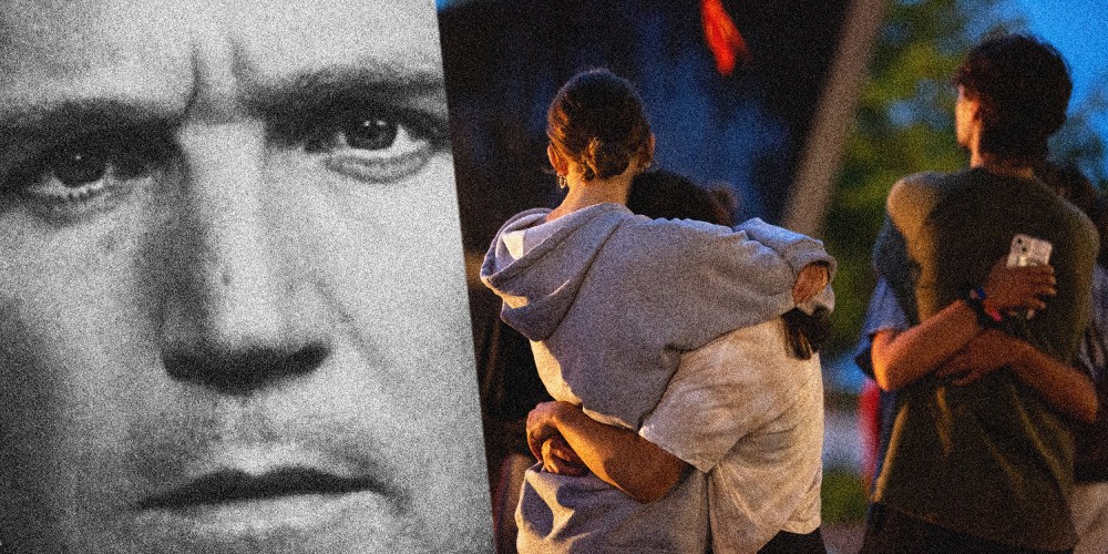 Photo composite: A close-up shot of Tucker Carlson alongside an image of people grieving at a candlelight vigil.