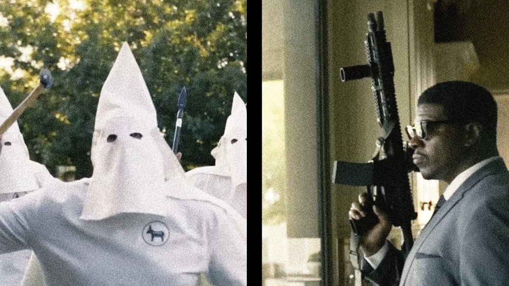 Photo composite with stills showing people wearing white Klan hoods and an image of Jerone Davison holding a rifle.
