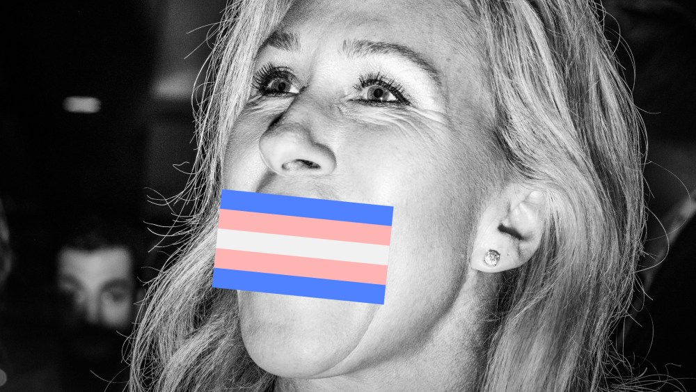 Photo illustration: A transgender pride flag placed over Marjorie Taylor Greene's mouth.