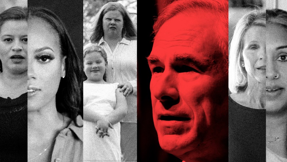 Photo illustration: Vertical strips showing screengrabs of women speaking with an image of Greg Abbott in the centre with a red overlay.